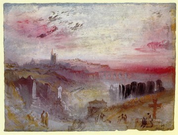 View over Town at Suset a Cemetery in the Foreground landscape Turner Oil Paintings
